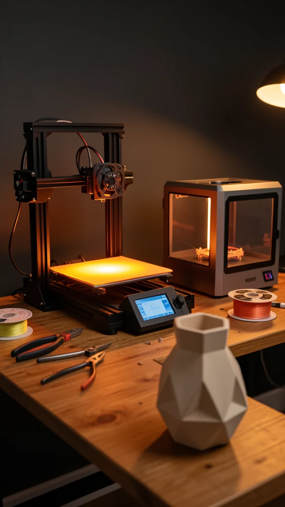 KI-generiert Blick in die dreaMake Werkstatt: 3D-Drucker bei der Arbeit