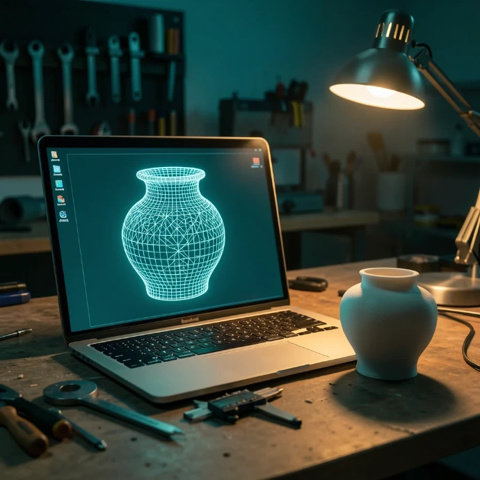 KI-generiert CAD-Planung eines 3D-Modells am Laptop