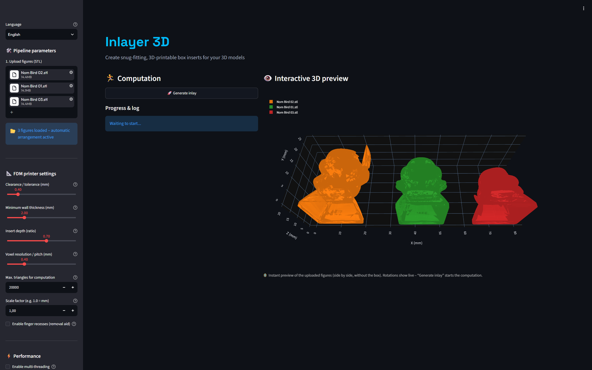 Inlayer Web-App mit drei hochgeladenen Figuren und Live-3D-Vorschau